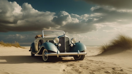 A vintage car on the beach in front of a cloudy sky. Generative AIの素材
