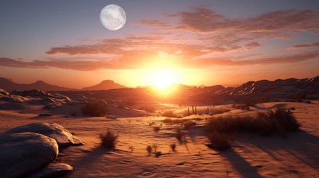 A sunset in the desert with the sun setting behind it. Generative AIの素材