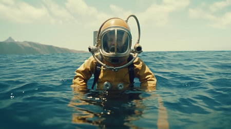 A woman in a diving suit swims in the ocean. Generative AIの素材