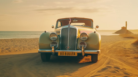 A vintage car is driving on the beach. Generative AIの素材