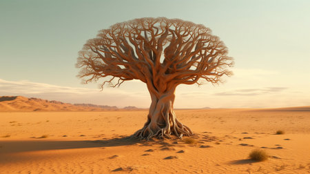 A tree with a brain on it that is on a desert background. Generative AIの素材