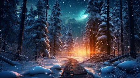 A winter night in the snowy forest. Generative AIの素材