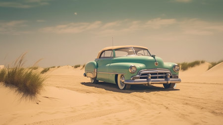 A vintage car is parked in the sand. Generative AIの素材
