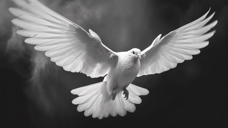 A white dove with black and white feathers is flying in the sky. Generative AIの素材