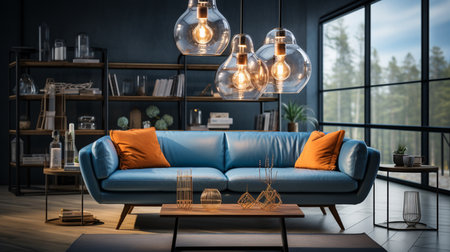 Modern living room with a blue couch and hanging lights. Generative AIの素材