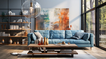 Modern living room with a blue couch and hanging lights. Generative AIの素材