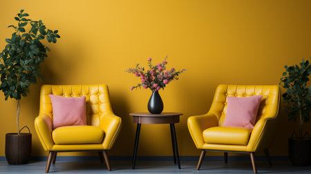 Modern interiors have yellow armchairs with blue and yellow wall background. Generative AIの素材
