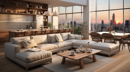 Modern interior of kitchen with living room. Generative AIの素材