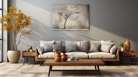 Modern living room with sofa and mockup cushions. Generative AIの素材