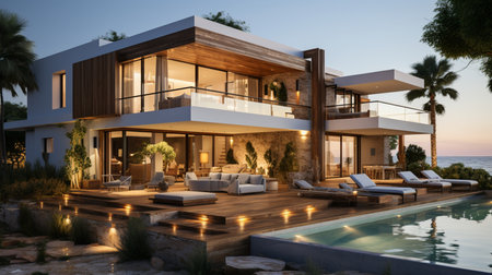 Modern coastal home with sleek and minimalistic interior featuring clean lines grays and whites. Generative AIの素材