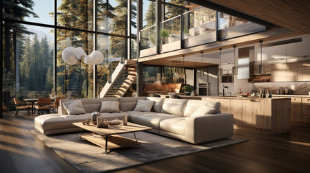Modern interior of kitchen with living room. Generative AIの素材