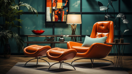 Retro living room interior design with a mid-century armchair. Generative AIの素材