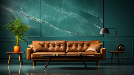 Modern vintage interior of living room, blueprint home decor concept, green couch with marble table on blue wall. Generative AIの素材