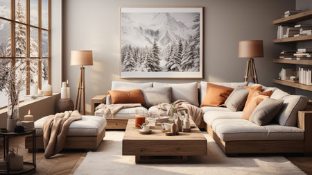 Photo of a cozy living room with comfortable seating and decorative wall art. Generative AIの素材
