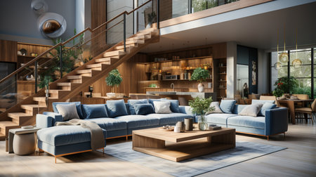 The interior of a modern living room with a kitchen, a dining area and a wooden staircase to the second floor Soft grays and blues Modern minimalism. Generative AIの素材