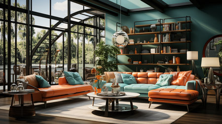 Retro living room interior design. Generative AIの素材