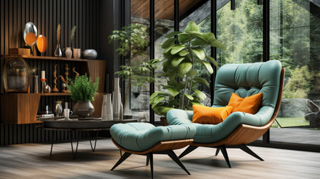 Retro living room interior design with a mid-century armchair. Generative AIの素材