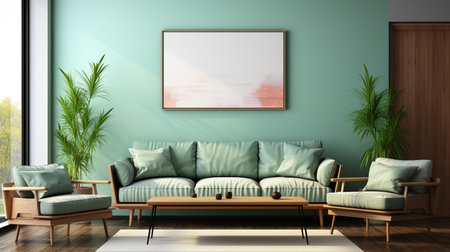 Stylish elegant living room interior with design green sofa and mock up poster frame template. Generative AIの素材