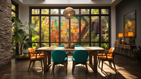Tropical authentic dining room interior design with gallery wall. Generative AIの素材