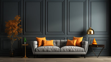 The interior has a sofa and armchair on empty dark wall background. Generative AIの素材