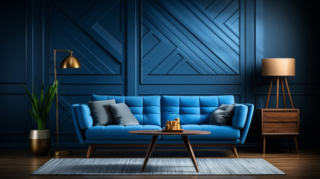 Stylish living room interior in trendy blue color. Generative AIの素材