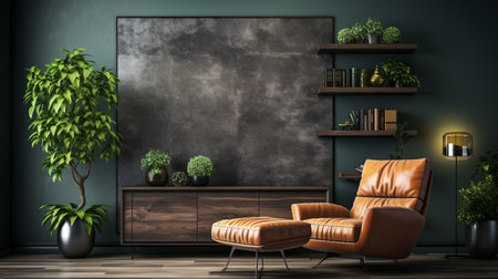Tv cabinet in modern living room with armchair and plant on dark marble wall. Generative AIの素材