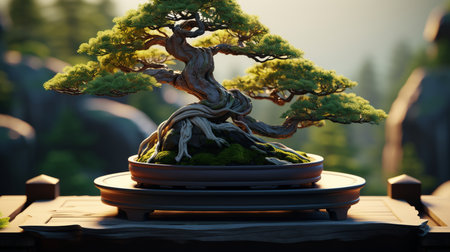 Bonsai tree in a pot with sun shining behind it. Generative AIの素材