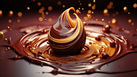 A chocolate ball is falling into a chocolate swirl. Generative AIの素材