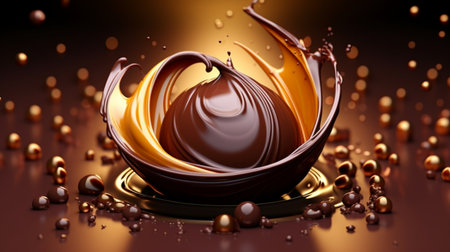 A chocolate ball is falling into a chocolate swirl. Generative AIの素材
