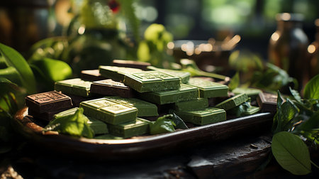 A green table with chocolate bars. Generative AIの素材