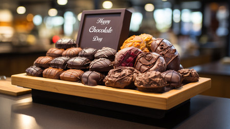 A large chocolate display with a sign that says happy chocolate day. Generative AIの素材