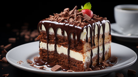 Indulgent chocolate cake slice with creamy icing. Generative AIの素材