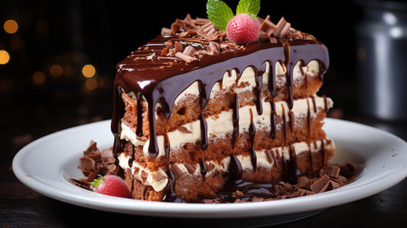 Indulgent chocolate cake slice with creamy icing. Generative AIの素材