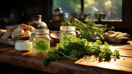 A kitchen with a wooden countertop and a pot of herbs on it. Generative AIの素材
