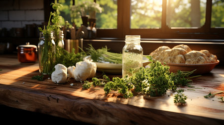 A kitchen with a wooden countertop and a pot of herbs on it. Generative AIの素材