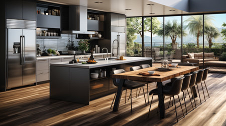 Elegant modern kitchen with stainless steel appliances. Generative AIの素材
