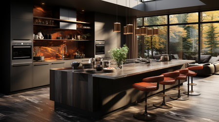 Modern kitchen design in luxury apartment interior. Generative AIの素材