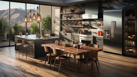Elegant modern kitchen with stainless steel appliances. Generative AIの素材