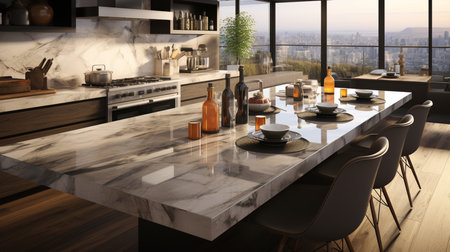 White kitchen with sleek black appliances and marble countertops. Generative AIの素材