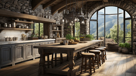 Rustic kitchen with modern appliances inside. Generative AIの素材