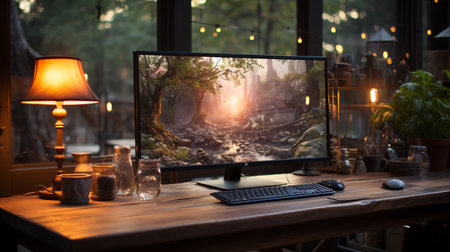A desktop computer on a nice desk with nature background. Generative AIの素材