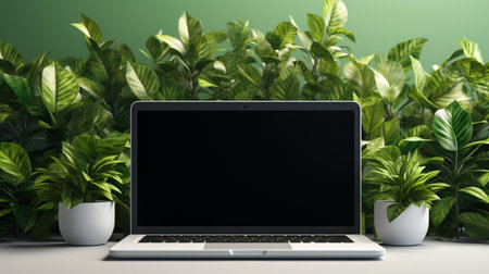 Laptop mockup with green leaves on nature background. Generative AIの素材