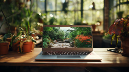 A laptop on a desk with a plant in the background. Generative AIの素材