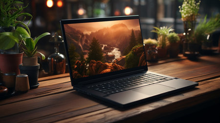 A laptop with a black screen is on a wooden table. Generative AIの素材