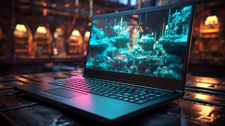 A laptop with a black screen is open and the keyboard is black. Generative AIの素材