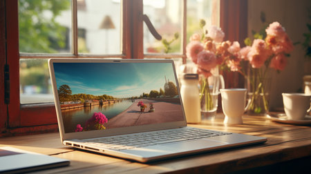 Digital life In bright room opened laptop with blank screen. Generative AIの素材