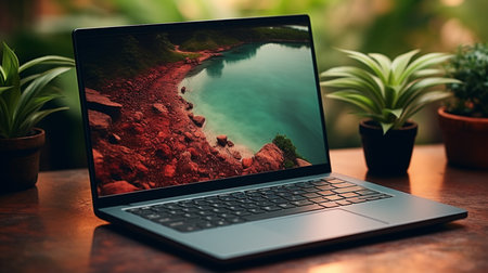 Sleek Laptop Mockup Trendy Background High Quality and Realistic for Effective Marketing. Generative AIの素材