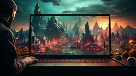 A laptop with a landscape on the screen and a lake on the screen. Generative AIの素材