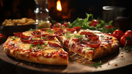 Rustic pizza slice with fresh mozzarella and salami. Generative AIの素材