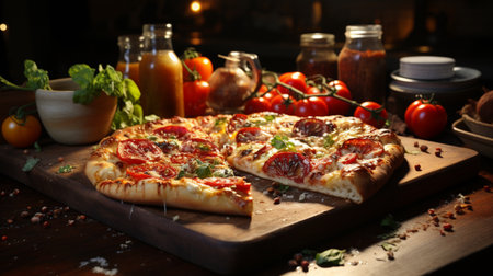 Freshly baked pizza on rustic wooden table. Generative AIの素材